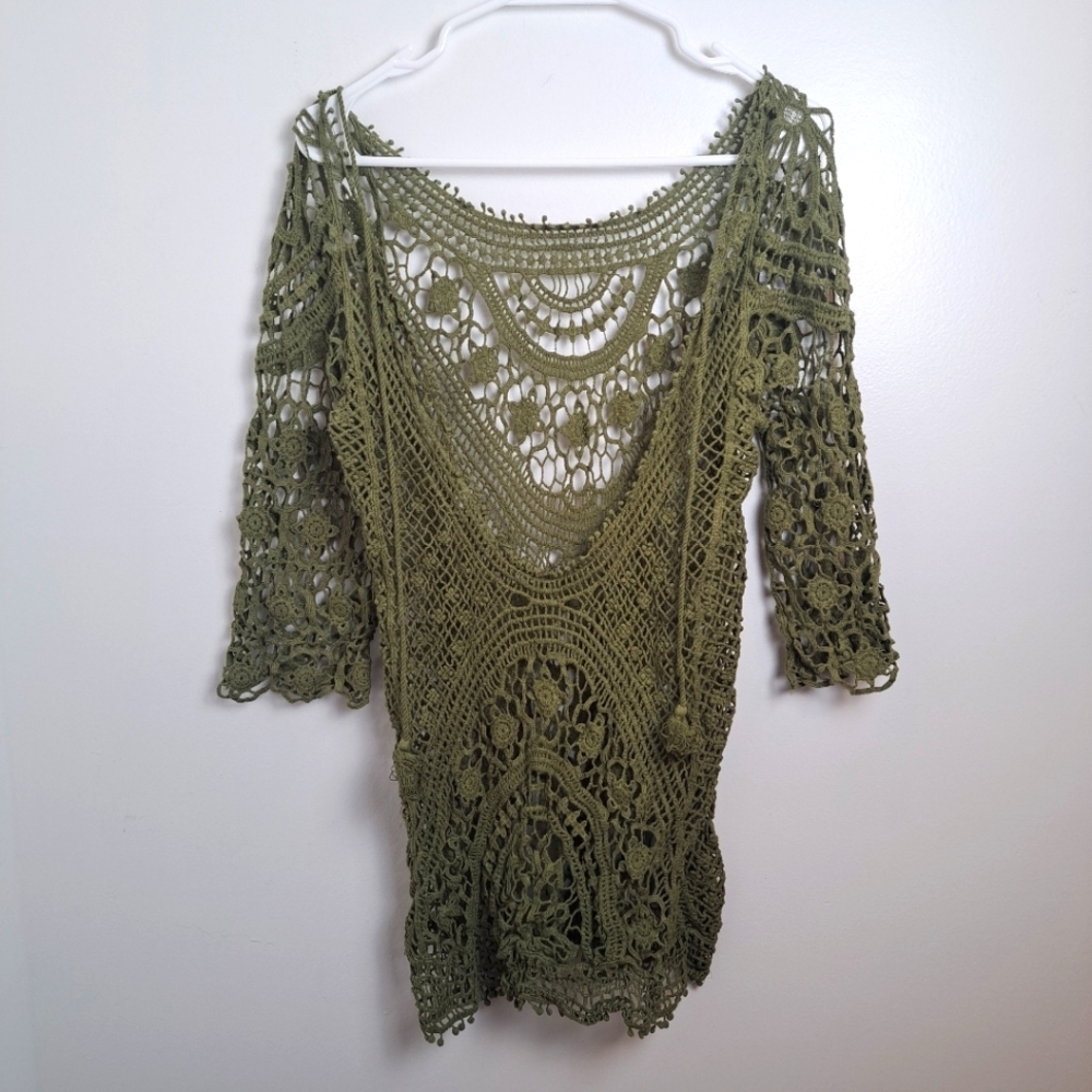 Unbranded Green Crochet Stretchy Boho Fairygrunge Half Sleeve Beachy Shirt Sz S